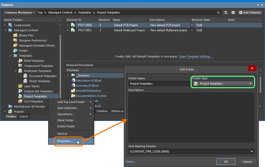 Specifying the folder type – its intended use – gives a visual indication of the content of that folder when browsing the Workspace.