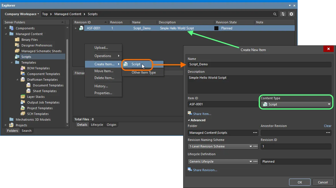 Creating a script within a Scripts folder – the correct Content Type is available on the context menu. Creating a script within a Scripts folder – the correct Content Type is available on the context menu.