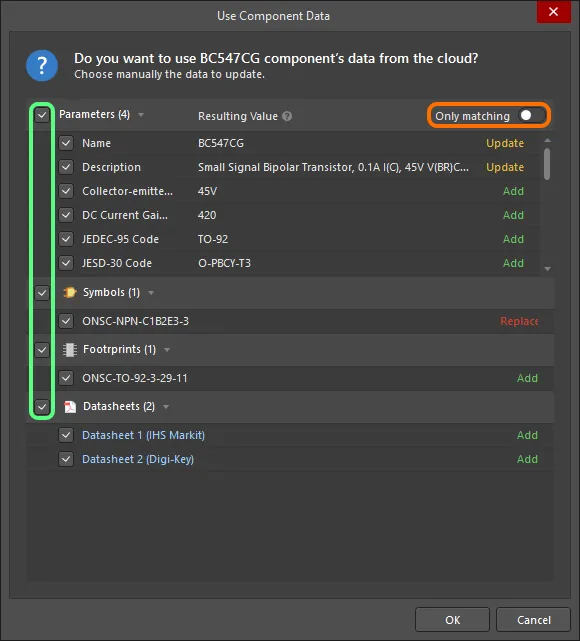 Use Component Data dialog, transistor creation