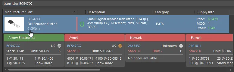 Manufacturer Part Search panel, exploring part availability