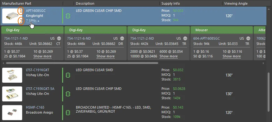 Manufacturer Parts Search panel, details of the selected part