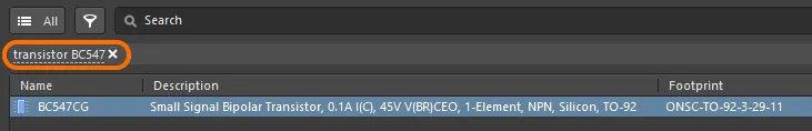 Components panel, searching for a transistor