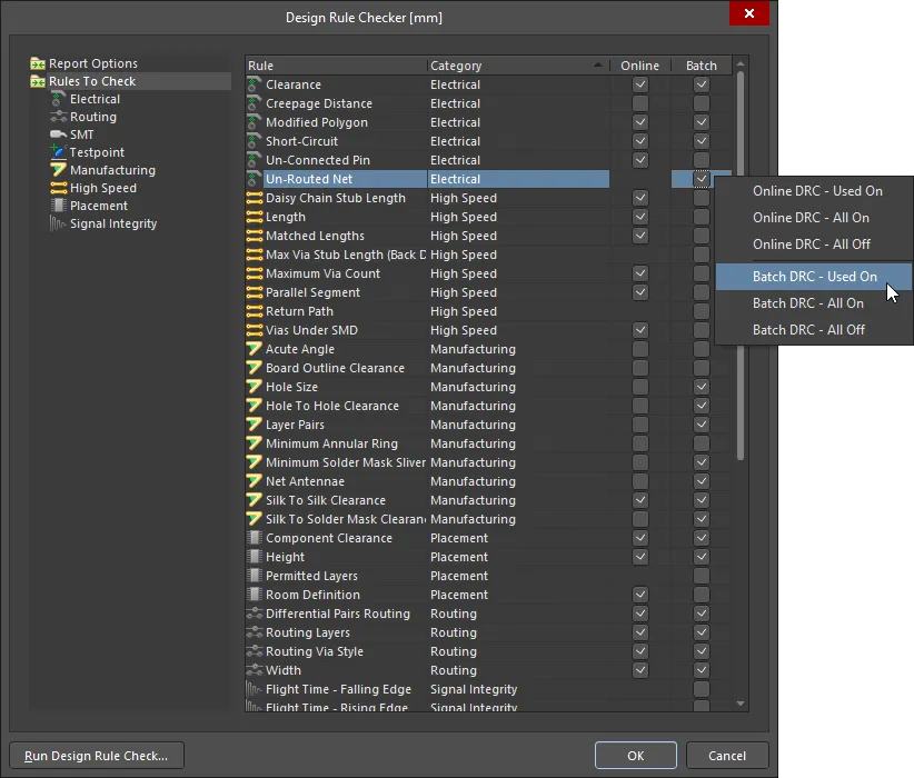 Checking is configured for each rule type. Use the right-click menu to enable the Used design rules.