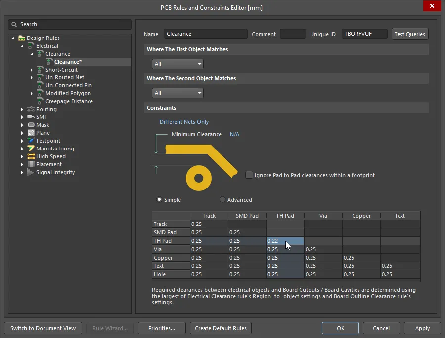 Edit the Clearance Constraint to allow a TH Pad to TH Pad clearance of 0.22mm.