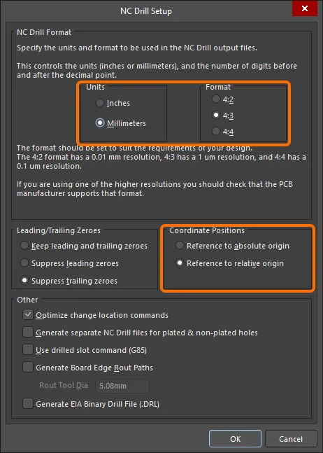 The NC Drill Setup dialog configured to generate proper NC Drill files for the tutorial.