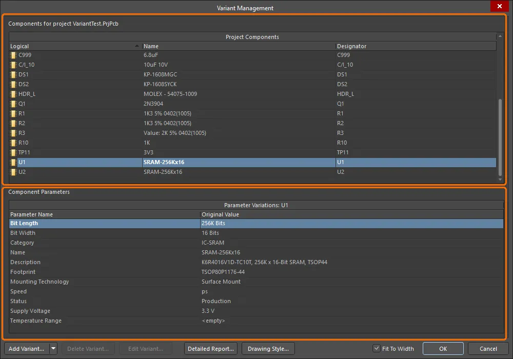 Variants are created and configured in the Variant Management dialog.