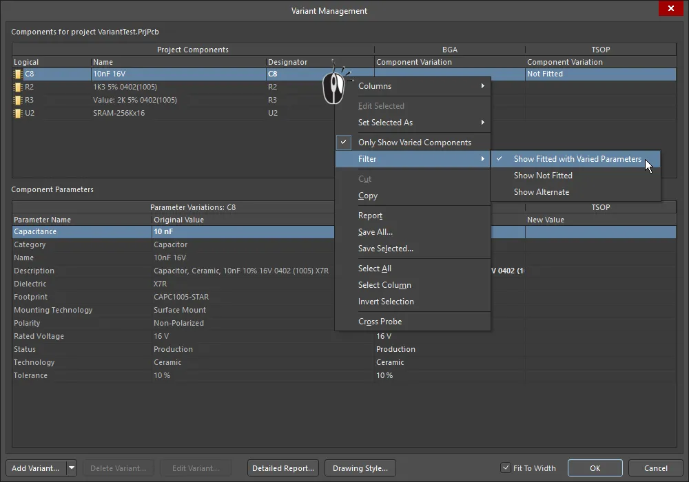 Resetting all manually varied parameters, for all components, in all variants. Hover the cursor over the image to show steps 2, 3 and 4.