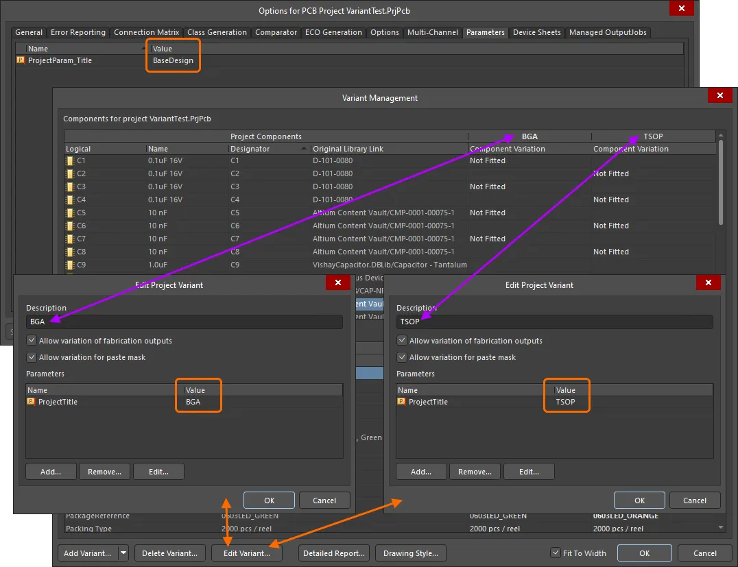 A ProjectTitle parameter added to the project (via the Project Options dialog) has also been added to each design Variant, but with a different Value in each case.