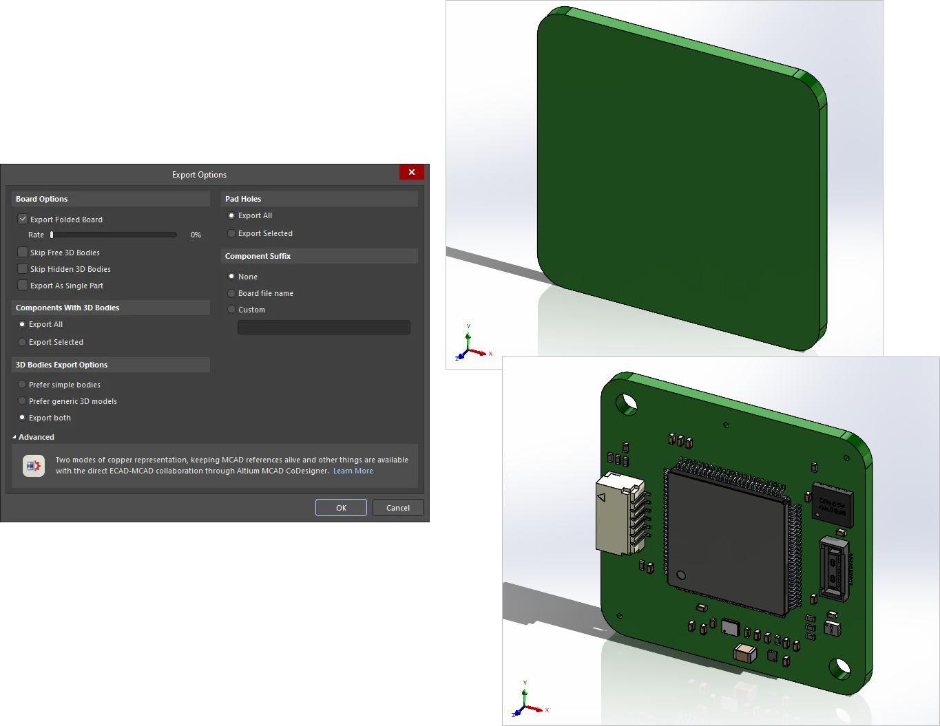 Exported STEP files displayed in an MCAD application, where the upper image file includes no pad holes or 3D bodies and the lower image file includes all objects.