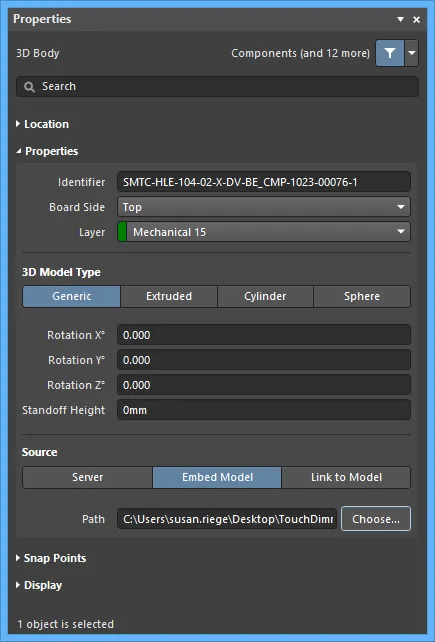 The 3D Body mode of the Properties panel.