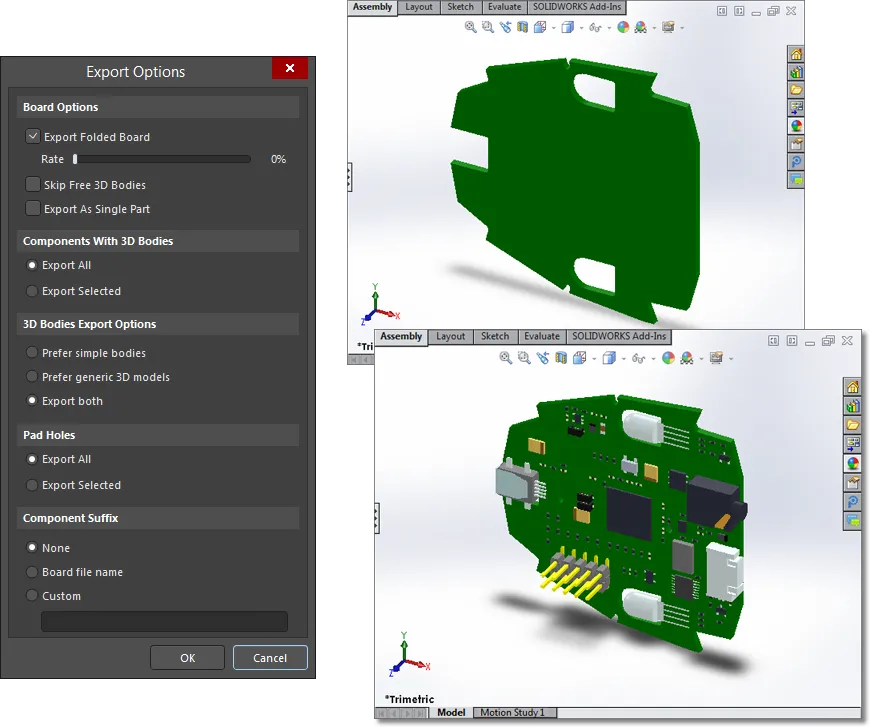 Exported STEP files displayed in a MCAD application, where the upper image file includes no pad holes or 3D bodies and the lower image file includes all objects. 