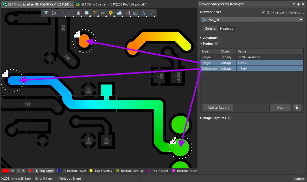 Probes can measure voltage or current, as either an absolute value or the difference between two locations. Hover the cursor over the image to show a current probe.