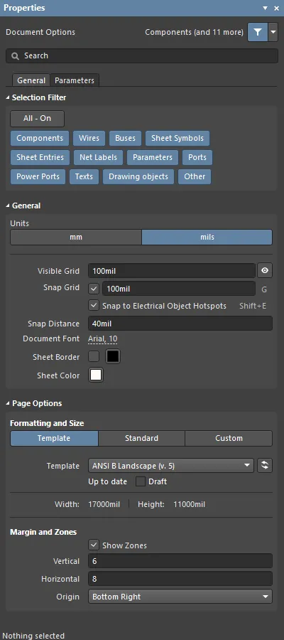 Document options are configured for each schematic sheet, set the sheet size as required.