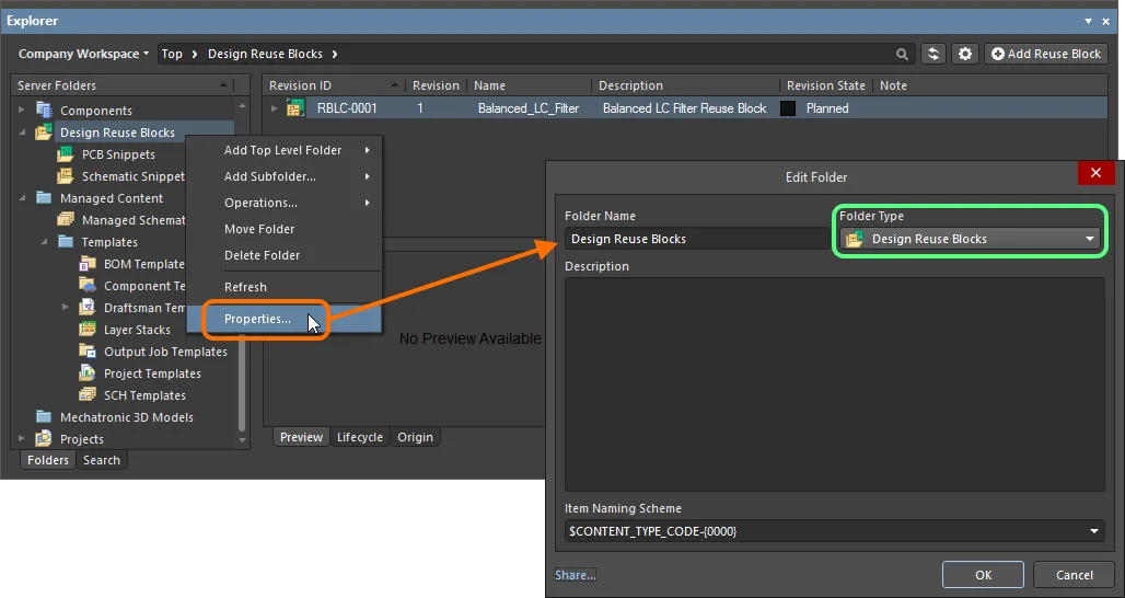 Specifying the folder type – its intended use – gives a visual indication of the content of that folder when browsing the Workspace. Specifying the folder type – its intended use – gives a visual indication of the content of that folder when browsing the Workspace.