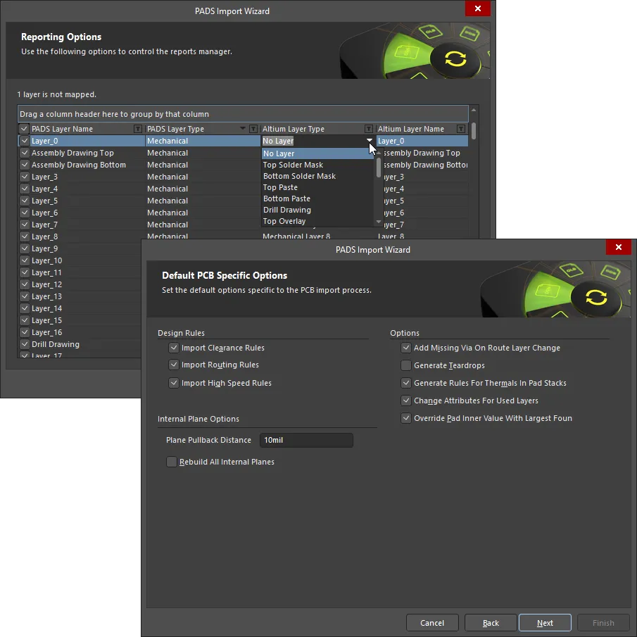 Use the layer mapping options in the Import Wizard to associate PADS PCB layers to Altium NEXUS layers. Use the layer mapping options in the Import Wizard to associate PADS PCB layers to Altium NEXUS layers.