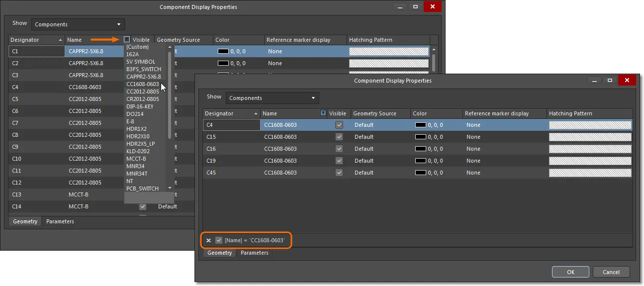 Automated data filtering uses a specific text query to group component entries, or a full query approach for custom filtering (as shown below). Automated data filtering uses a specific text query to group component entries, or a full query approach for custom filtering (as shown below).