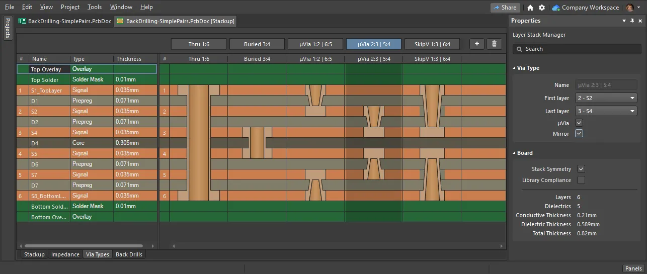 All of the various types of vias that can be fabricated can be defined in the Via Types tab of the Layer Stack Manager.