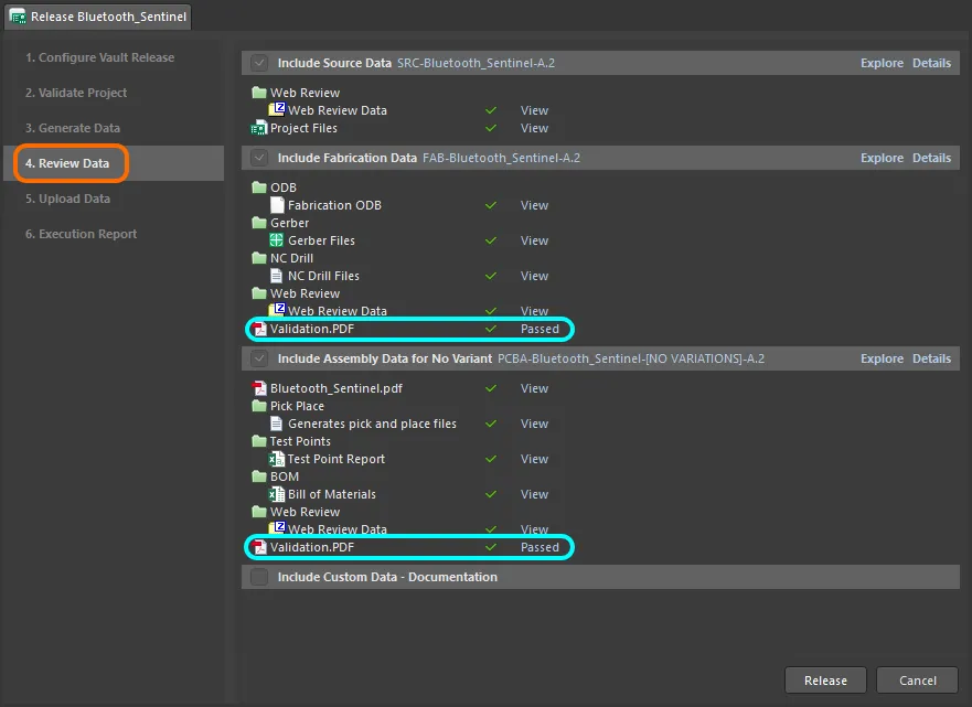 Example of successful validation being run within the Release view, for fabrication and assembly data sets.