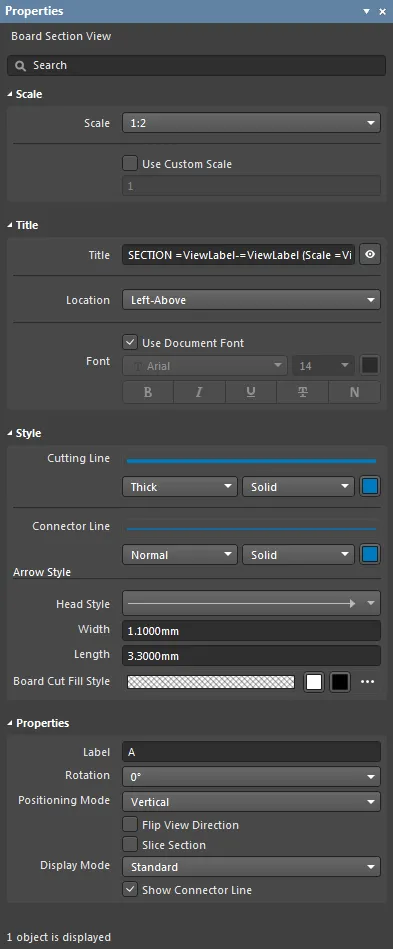 The Board Section View mode of the Properties panel.