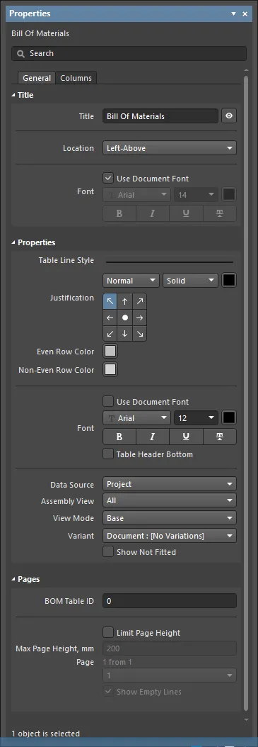 The Bill Of Materials mode of the Properties panel.