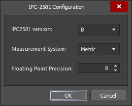 Define export settings in the IPC-2581 Configuration dialog.