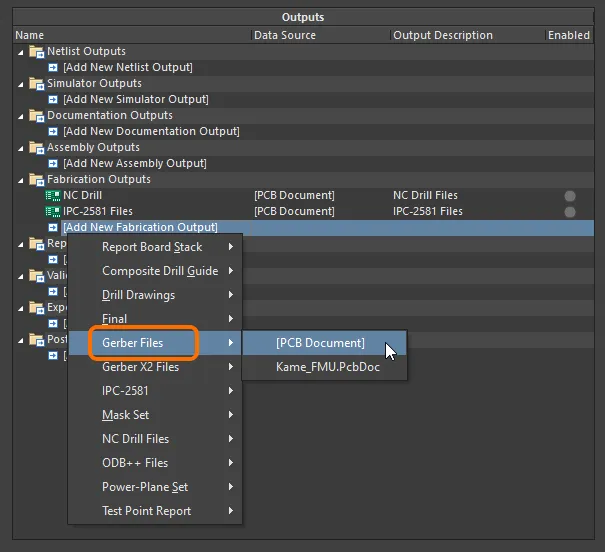 Configure Gerber outputs as part of an Output Job file's Fabrication Outputs. Shown here is an example for Gerber files. Hover the cursor over the image to see an example for Gerber X2 files.