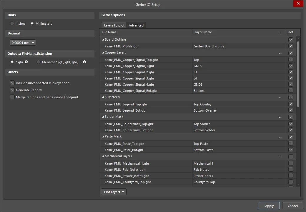 The Gerber X2 Setup dialog. Hover the mouse over the image to alternate between the Layers to plot and Advanced tabs. The Gerber X2 Setup dialog. Hover the mouse over the image to alternate between the Layers to plot and Advanced tabs.