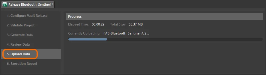 This stage simply reflects progress of the upload of generated data to the linked Item-Revisions in the managed content server.