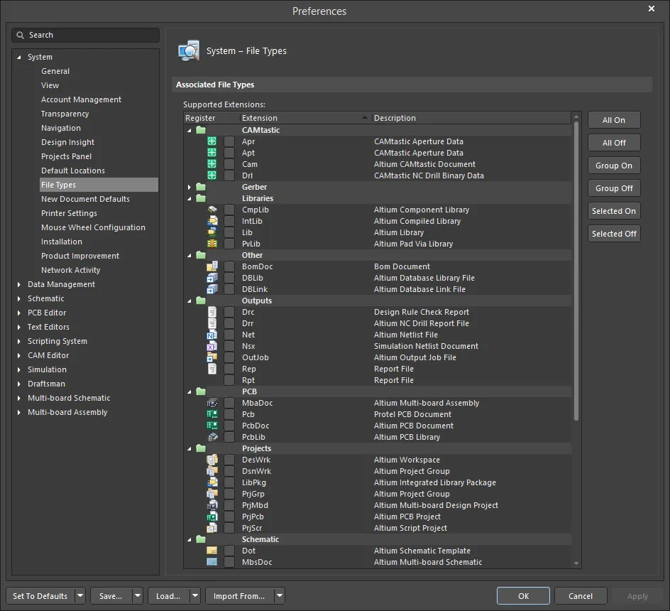  The System - File Types page of the Preferences dialog