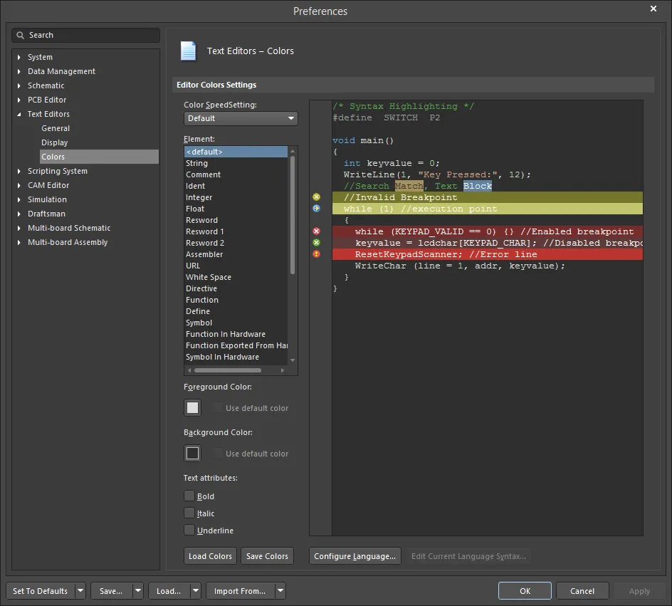 The Text Editors - Colors page of the Preferences dialog