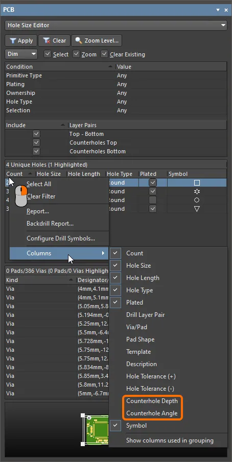 Enabling the Counterhole Depth and Counterhole Angle columns in the Hole Size Editor mode of the PCB panel.