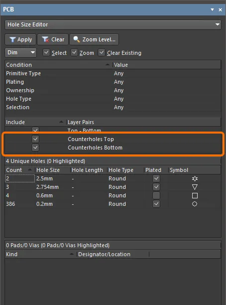The Counterholes Top and Counterholes Bottom groups in the Hole Size Editor mode of the PCB panel (the first image) and in the Drill Table mode of the Properties panel (the second image).