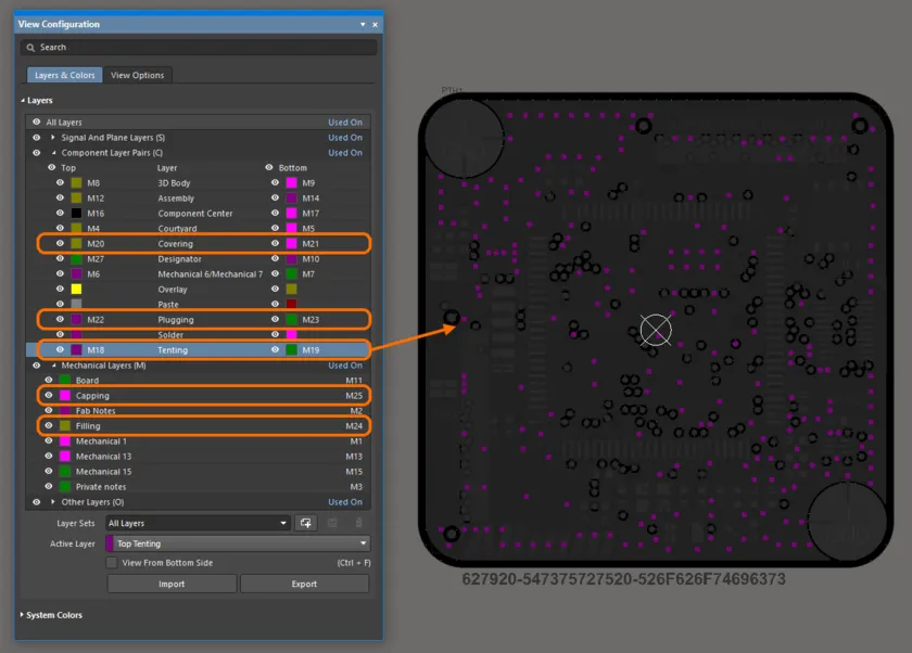 The IPC-4761 via type mechanical layers are automatically added to the design. The Top Tenting layer is shown on the design space by way of example.