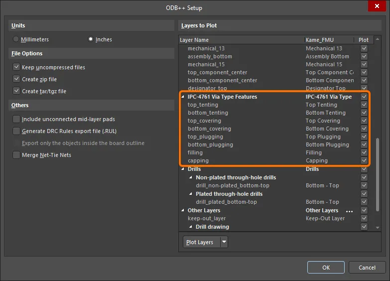 The IPC-4761 Via Type Features layer group in the ODB++ Setup dialog.