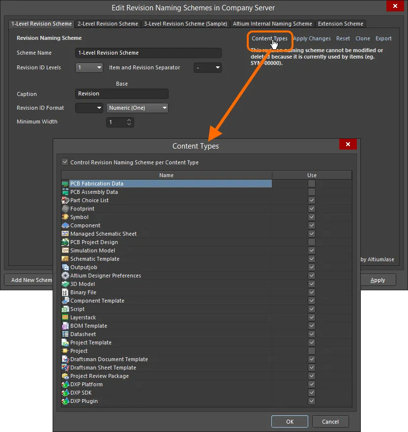 Accessing the Content Types dialog - command central for determining which Item types can use the revision naming scheme being configured. Accessing the Content Types dialog - command central for determining which Item types can use the revision naming scheme being configured.