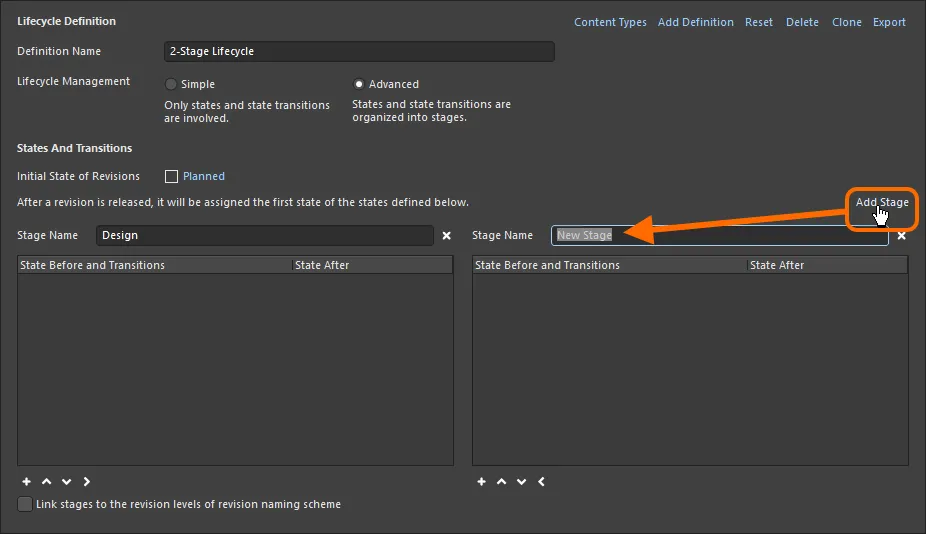 Add stages as required, which will be used to cluster states and create a more enriched, structured lifecycle definition. Add stages as required, which will be used to cluster states and create a more enriched, structured lifecycle definition.