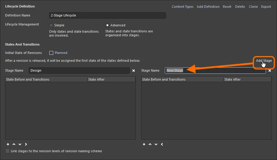 Add stages as required, which will be used to cluster states and create a more enriched, structured lifecycle definition.