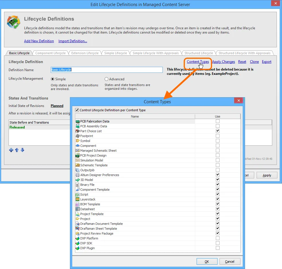 Accessing the Content Types dialog - command central for determining which Item types can use the lifecycle definition being configured. Accessing the Content Types dialog - command central for determining which Item types can use the lifecycle definition being configured.