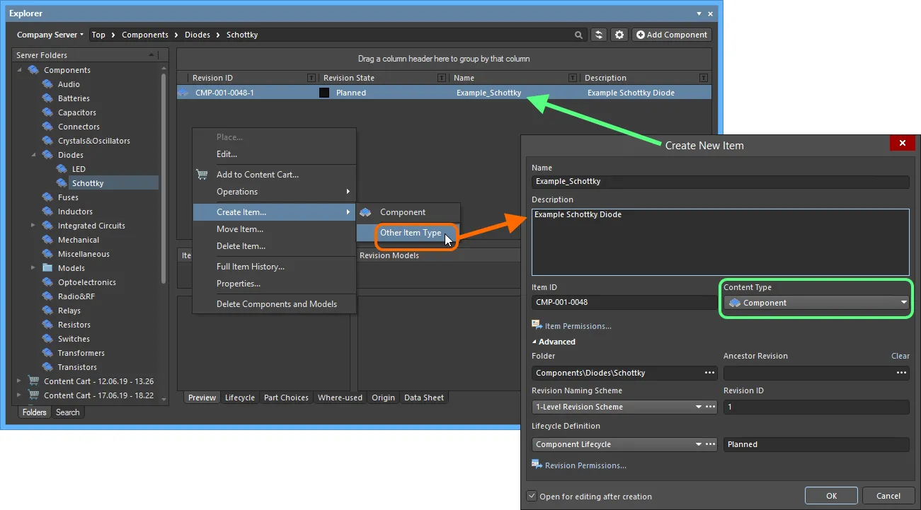 Creating a Component Item within a Components folder - while the correct Content Type is available on the context menu (Component command), using this will take you into item-less component creation mode. To create a traditional Item using the Create New Item dialog, choose the Other Item Type command from the menu instead. Creating a Component Item within a Components folder - while the correct Content Type is available on the context menu (Component command), using this will take you into item-less component creation mode. To create a traditional Item using the Create New Item dialog, choose the Other Item Type command from the menu instead.