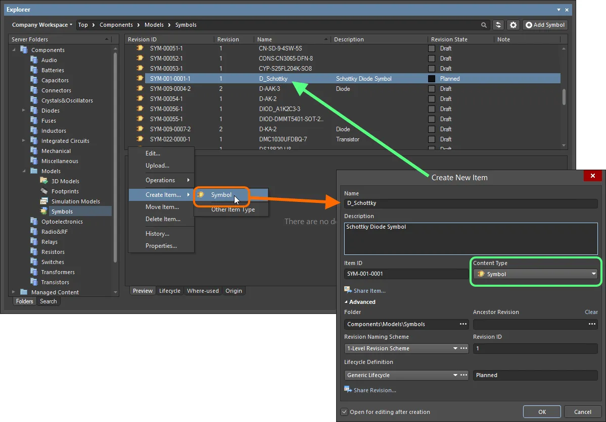 Creating a Symbol Item within a Symbols folder - the correct Content Type is available on the context menu. Creating a Symbol Item within a Symbols folder - the correct Content Type is available on the context menu.