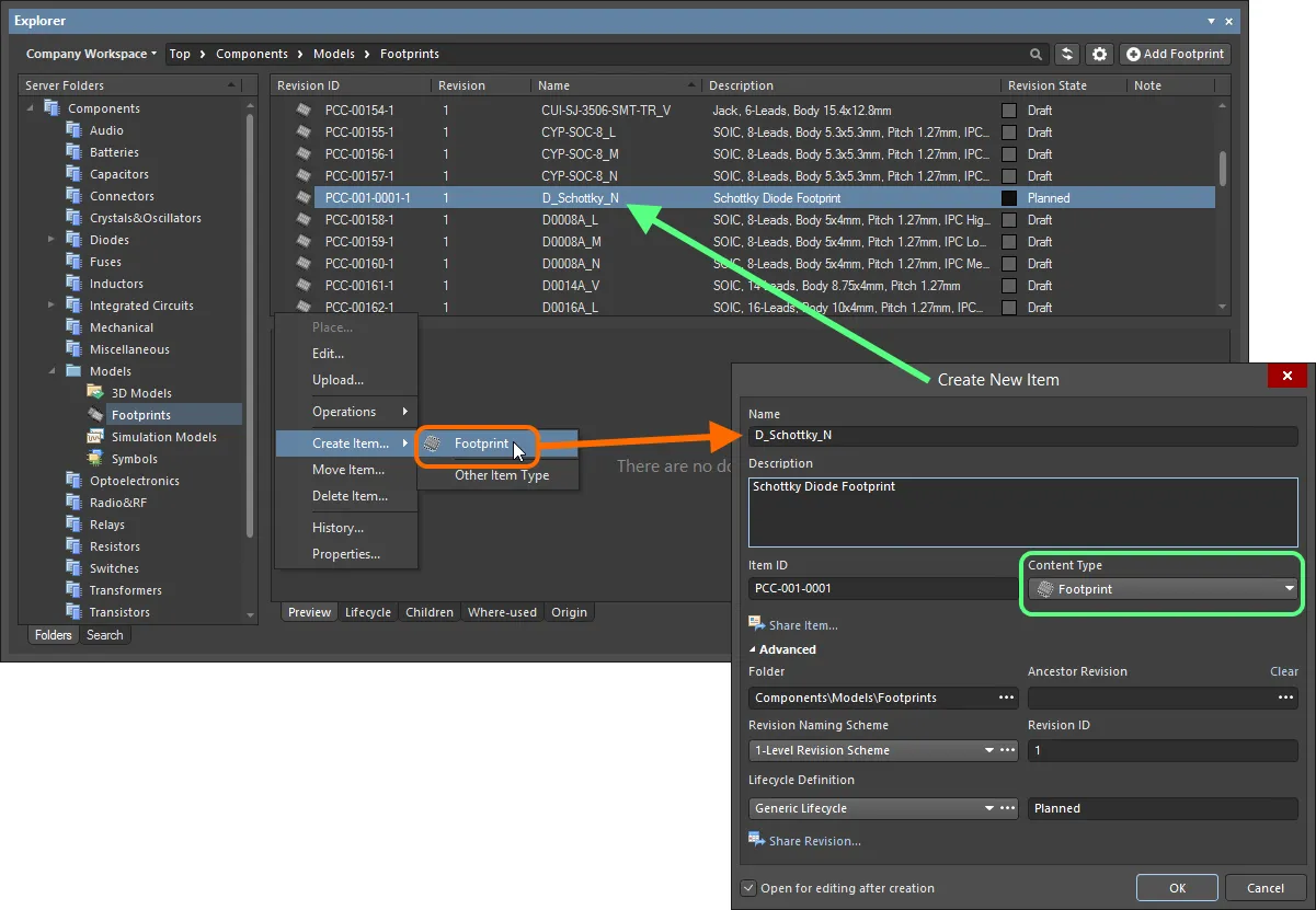 Creating a Footprint Item within a Footprints folder - the correct Content Type is available on the context menu. Creating a Footprint Item within a Footprints folder - the correct Content Type is available on the context menu.