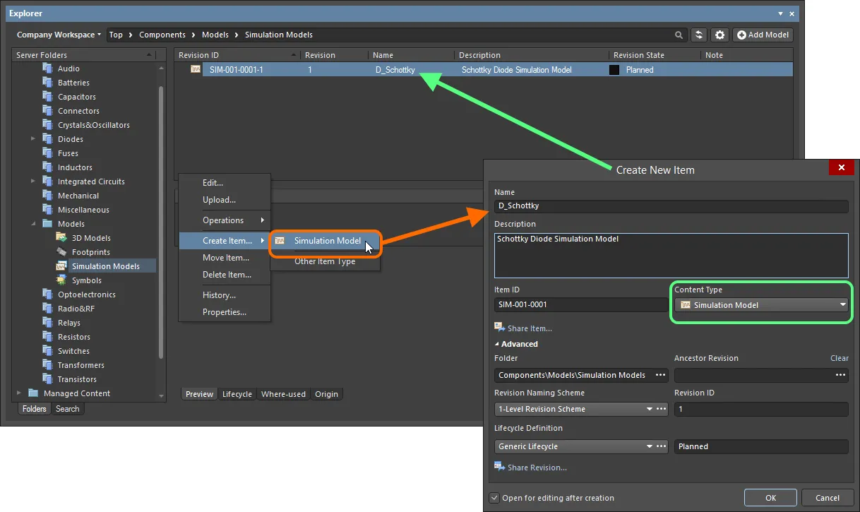 Creating a Simulation Model Item within a Simulation Models folder - the correct Content Type is available on the context menu. Creating a Simulation Model Item within a Simulation Models folder - the correct Content Type is available on the context menu.