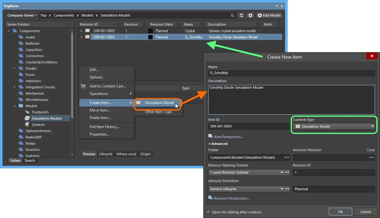 Creating a Simulation Model Item within a Simulation Models folder - the correct Content Type is available on the context menu. Creating a Simulation Model Item within a Simulation Models folder - the correct Content Type is available on the context menu.