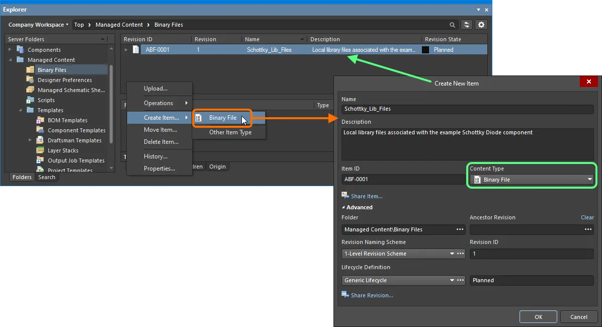 Creating a binary file within a Binary Files folder – the correct Content Type is available on the context menu. Creating a binary file within a Binary Files folder – the correct Content Type is available on the context menu.