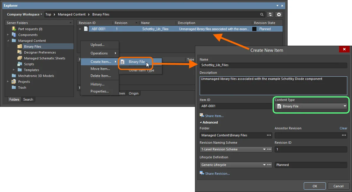 Creating a Binary File Item within a Binary Files folder - the correct Content Type is available on the context menu.