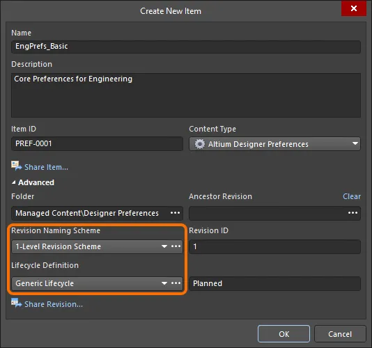 Selecting the Lifecycle Definition and Revision Naming schemes for manually created design preferences.