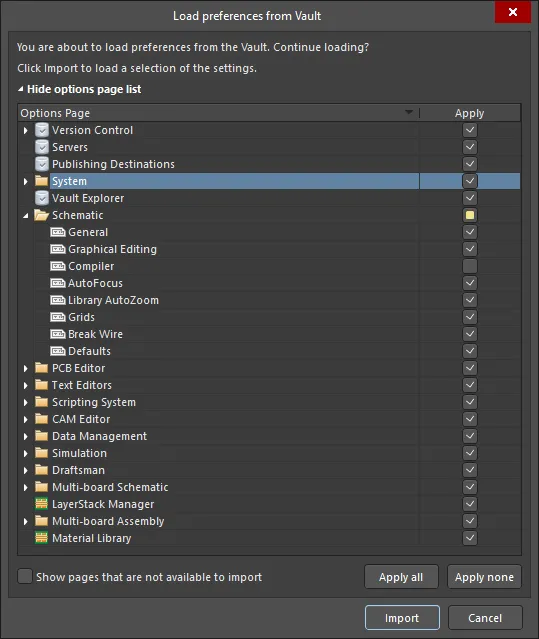 Check, and adjust if necessary, the preferences/settings that will be loaded from the Workspace, using the Load preferences from Vault dialog.