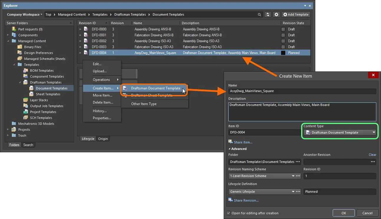 Creating a Draftsman Document Template Item within a Draftsman Templates folder - the correct Content Type is available on the context menu. Creating a Draftsman Document Template Item within a Draftsman Templates folder - the correct Content Type is available on the context menu.