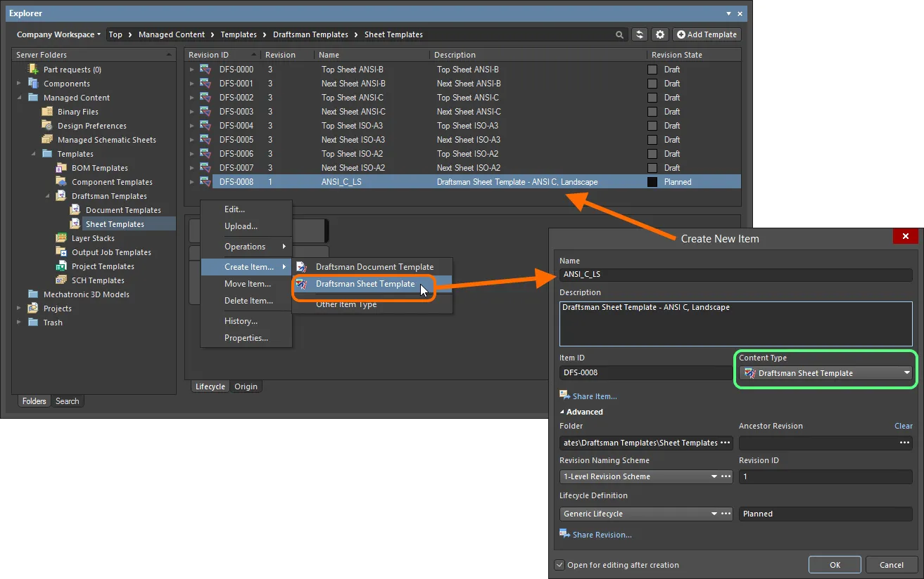 Creating a Draftsman Sheet Template Item within a Draftsman Templates folder - the correct Content Type is available on the context menu.