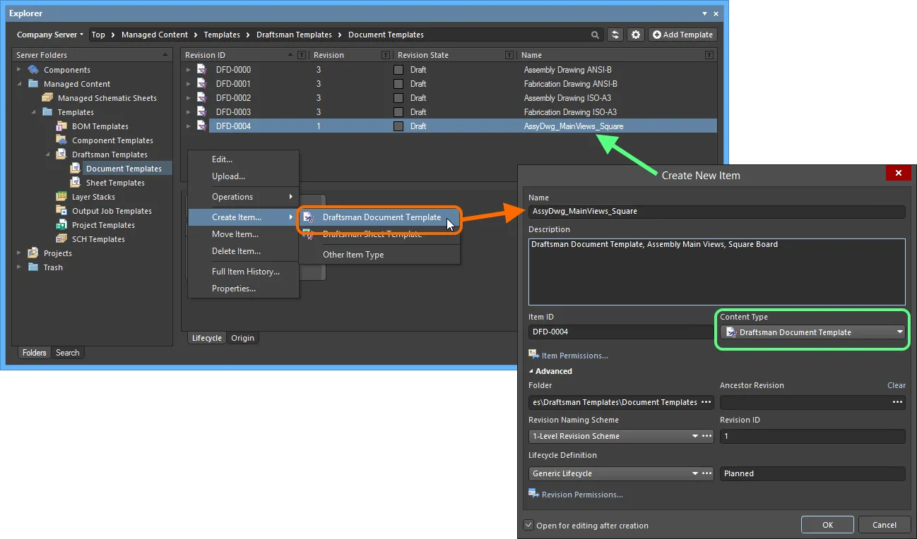 Creating a Draftsman Document Template Item within a Draftsman Templates folder - the correct Content Type is available on the context menu. Creating a Draftsman Document Template Item within a Draftsman Templates folder - the correct Content Type is available on the context menu.